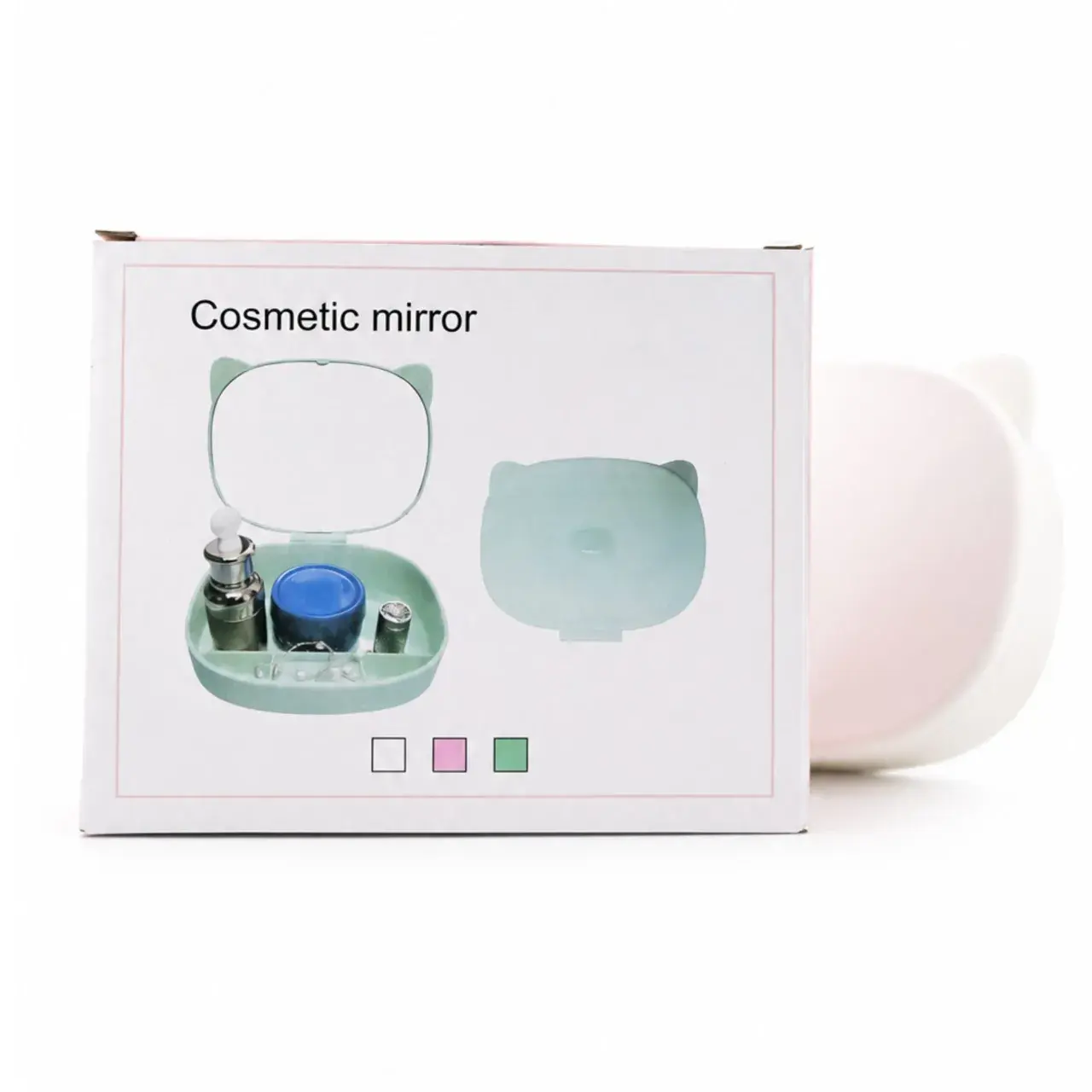 Cutie de Depozitare a Machiajelor si Accesoriilor cu Oglinda, Model Pisică, 4 Compartimente pentru Cosmetice și Accesorii, 17 x 13 x 6 cm, Alb (6)