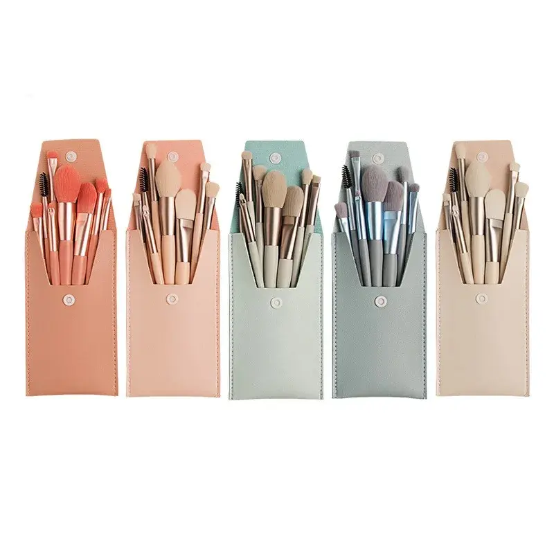 Mini set portabil 8 pensule de machiaj cu husa albastra (2)