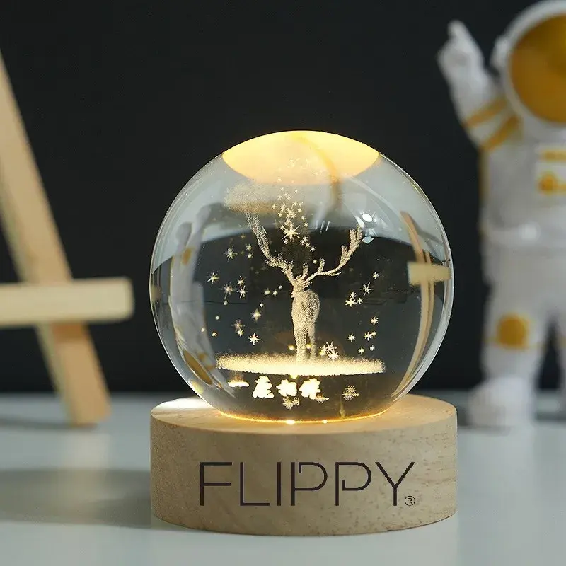 Lampa LED Decorativa, cu Bila de Cristal cu Diametru 6cm, Model Cerb 3D, Alimentare USB, Suport din Lemn, Lumina Alb Cald (2)