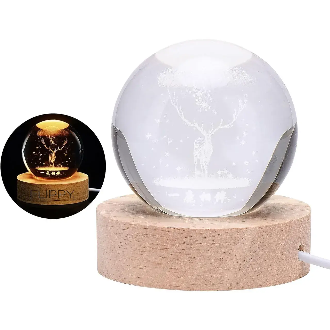Lampa LED Decorativa, cu Bila de Cristal cu Diametru 6cm, Model Cerb 3D, Alimentare USB, Suport din Lemn, Lumina Alb Cald (3)