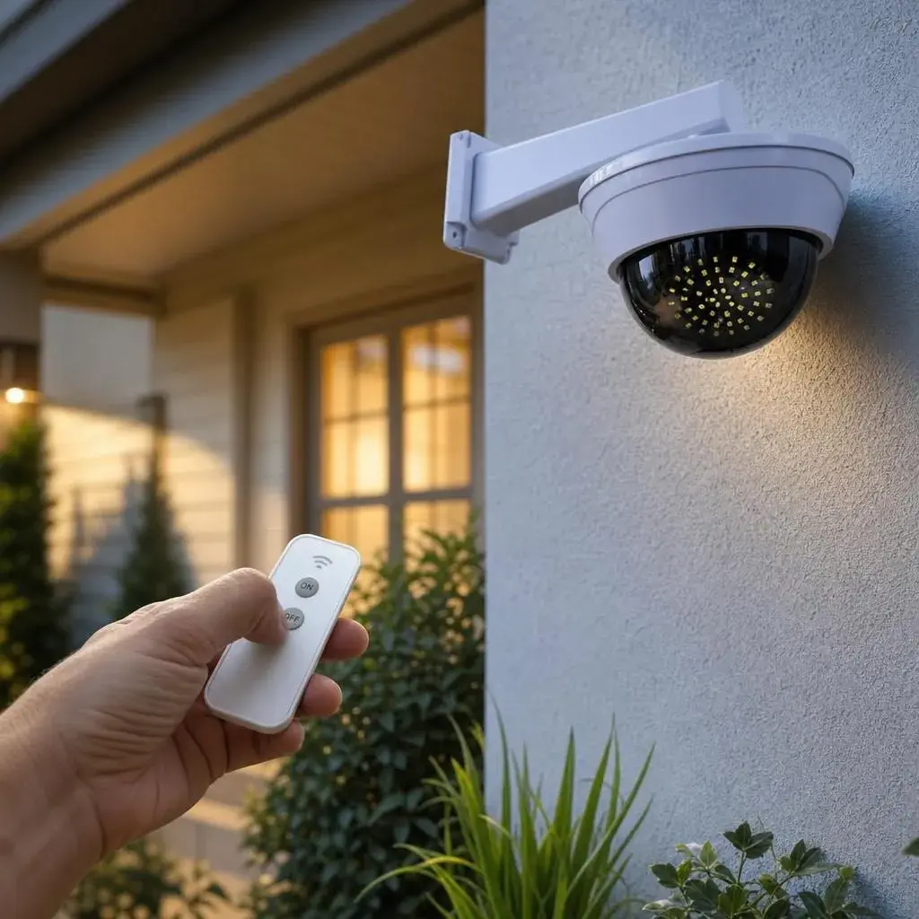 Lampa Solara, Model Imitatie Camera de Supraveghere, 34 LED-uri, Alimentare Solara, Telecomanda, Iluminare pentru Exterior, pentru Gradina, Curte si Terasa (4)