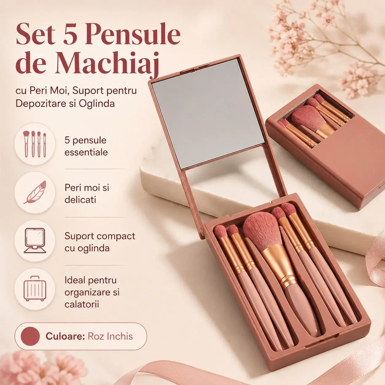 Set 5 Pensule de Machiaj cu Peri Moi, cu Suport pentru Depozitare si Oglinda, Roz Inchis (2)