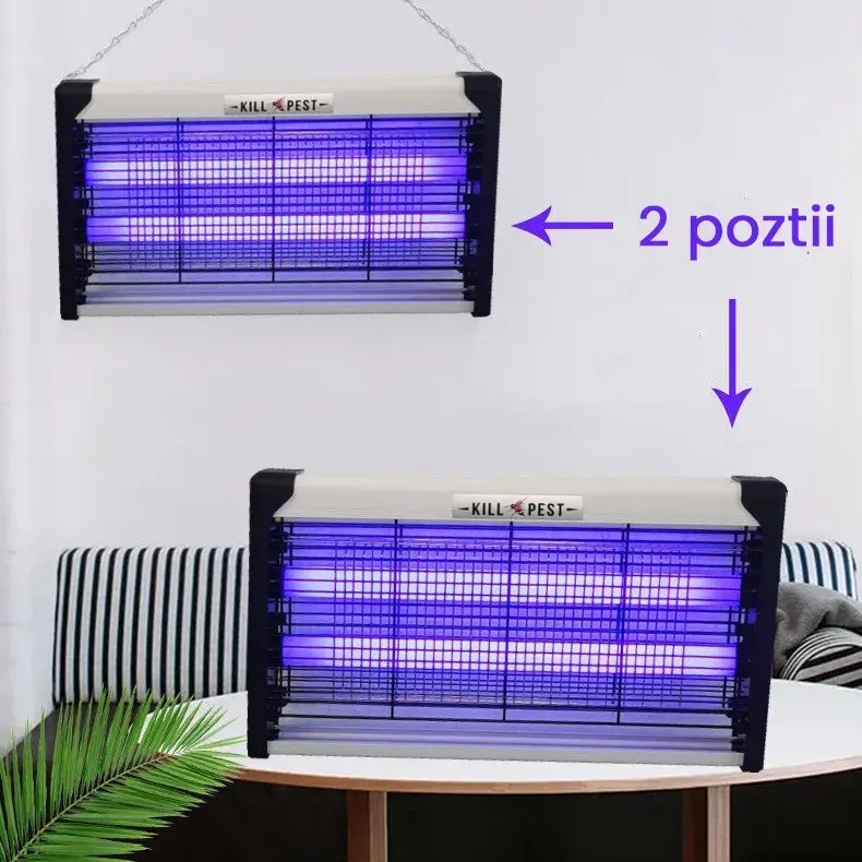 Lampa Electrica Anti Insecte, Lumina Neon, 2 tuburi cu putere de 20W, Suspensie Perete, Carcasa din Plastic Metalica, 39 x 25 x 6 cm, Alb Negru (2)