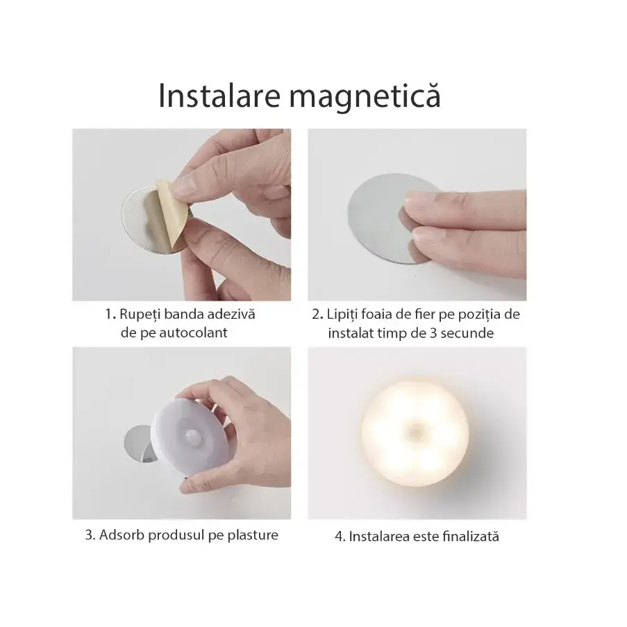 Lampa de Veghe LED, cu Senzor de Miscare, Lumina Alba Calda si Rece, Incarcare USB, 0.6W, 300mAh, Design Rotund, Alb, 8.5x2.3 cm (6)