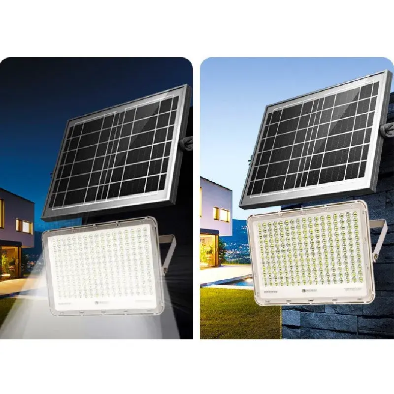 Proiector LED cu Panou Solar, Senzor de lumina Waterproof, 100W, 23x18 cm, suport U inclus, panou afisaj nivel baterie, telecomanda, 220V, Design Modern, Alb (4)