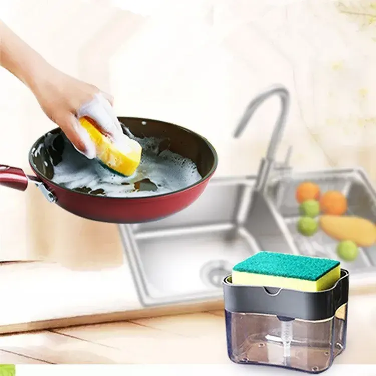 Dozator, Dispenser 2 in 1 pentru Detergent Lichid de Vase sau pentru Obiecte Sanitare cu Suport pentru Burete de Bucatarie,14 x 10.5 x 10 cm, capacitate 380 ml, negru (2)