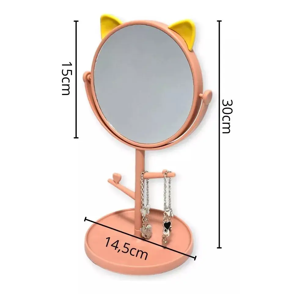 Oglina Cosmetica cu Picior, HD, Rotire 360 Grade, 15 cm Diametru, Suport Bijuterii Baza Rotunda + 2 Brate pentru Accesorii, Model cu Urechi Galbene de Ursulet, 31 x 14.5 x 15 cm, din Plastic, Roz (3)