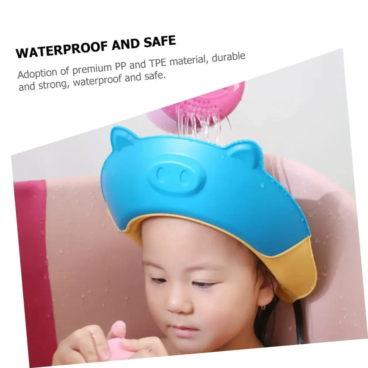 Viziera de Protectie Baie Pentru Copii, Fippy, Model Purcelus, Dimensiune ajustabila, Durabil, Usor de curatat, Impotriva Samponului, pentru Ochi si Urechi, TPE+PP, 23x23 cm, Albastru (5)