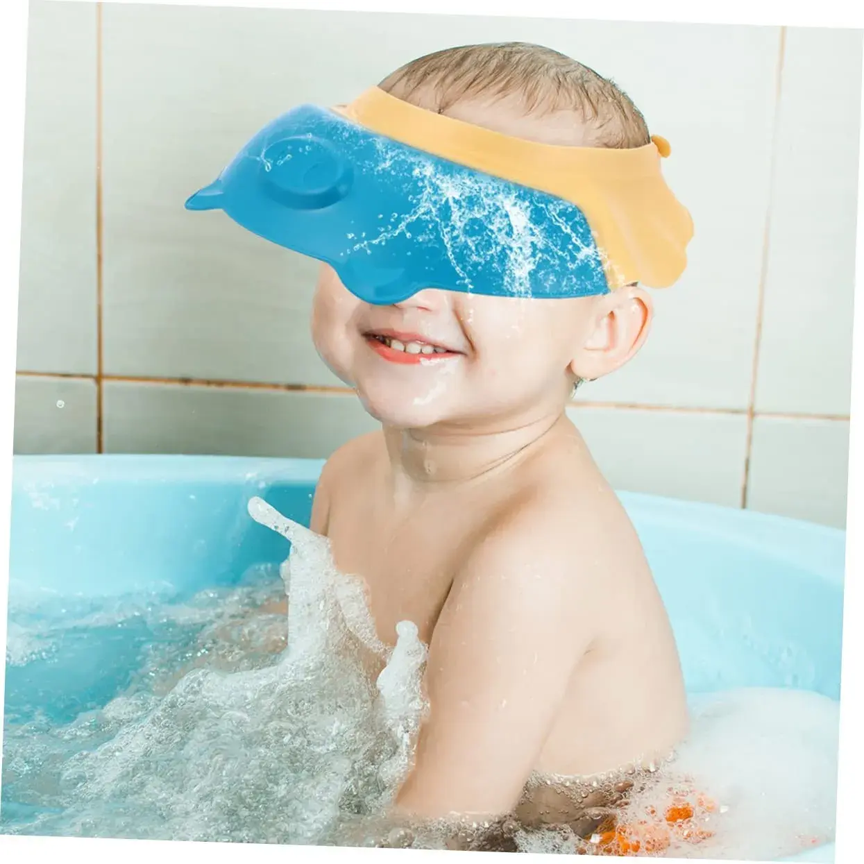 Viziera de Protectie Baie Pentru Copii, Fippy, Model Purcelus, Dimensiune ajustabila, Durabil, Usor de curatat, Impotriva Samponului, pentru Ochi si Urechi, TPE+PP, 23x23 cm, Albastru (6)