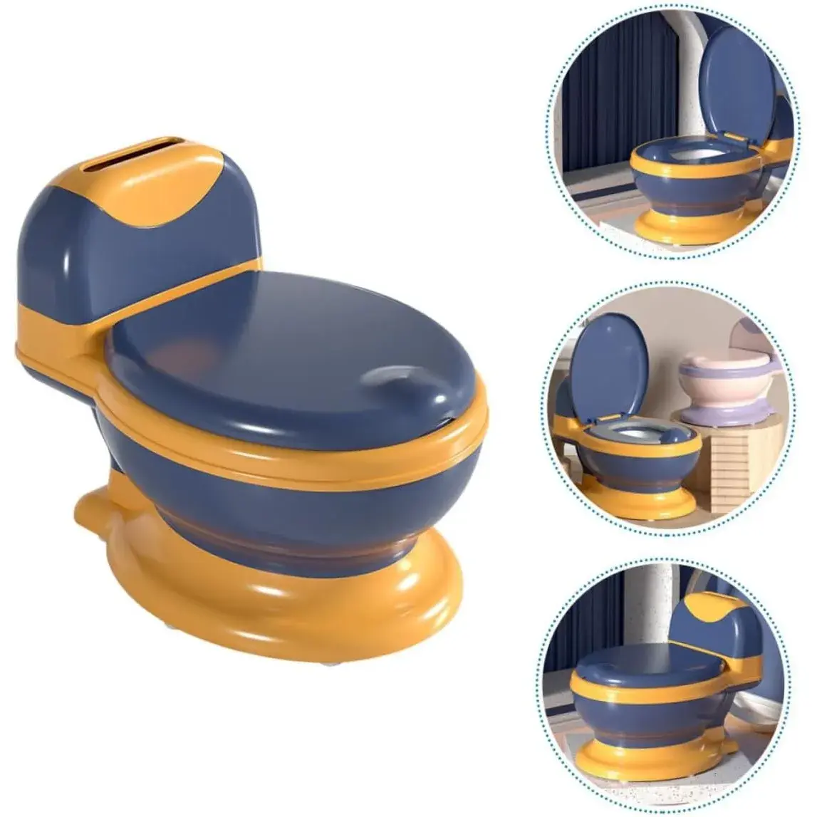 Olita Bebelusi, pentru Copii 1 - 8 Ani, Model Toaleta Adulti, Colac Moale PVC, Compartiment Detasabil, Cutie Depozitare Hartie, 34 x 32 x 19 cm, Albastru/Portocaliu (2)