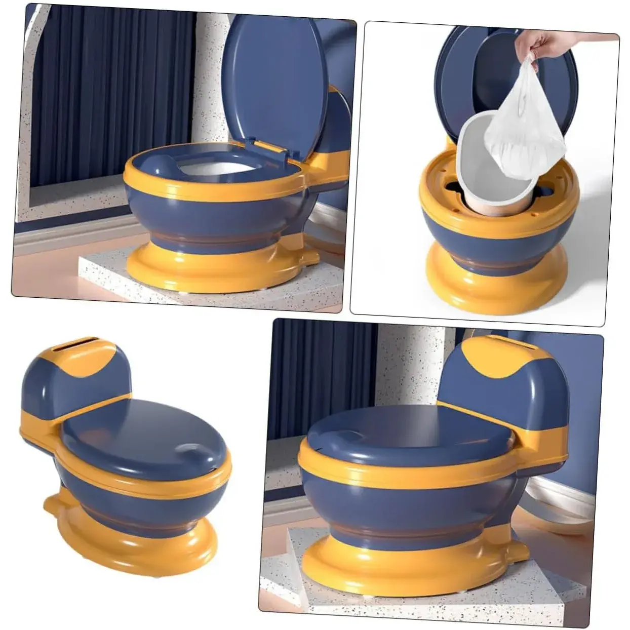 Olita Bebelusi, pentru Copii 1 - 8 Ani, Model Toaleta Adulti, Colac Moale PVC, Compartiment Detasabil, Cutie Depozitare Hartie, 34 x 32 x 19 cm, Albastru/Portocaliu (3)