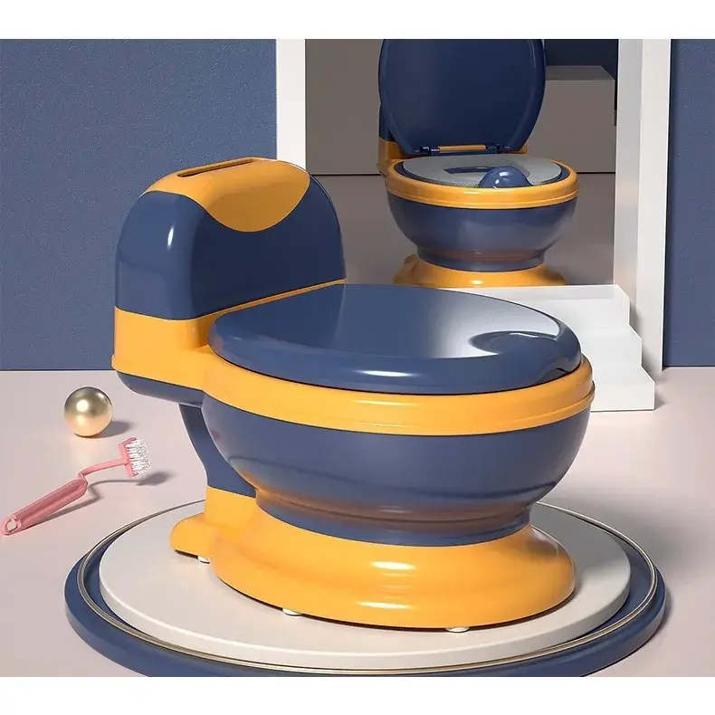 Olita Bebelusi, pentru Copii 1 - 8 Ani, Model Toaleta Adulti, Colac Moale PVC, Compartiment Detasabil, Cutie Depozitare Hartie, 34 x 32 x 19 cm, Albastru/Portocaliu (5)