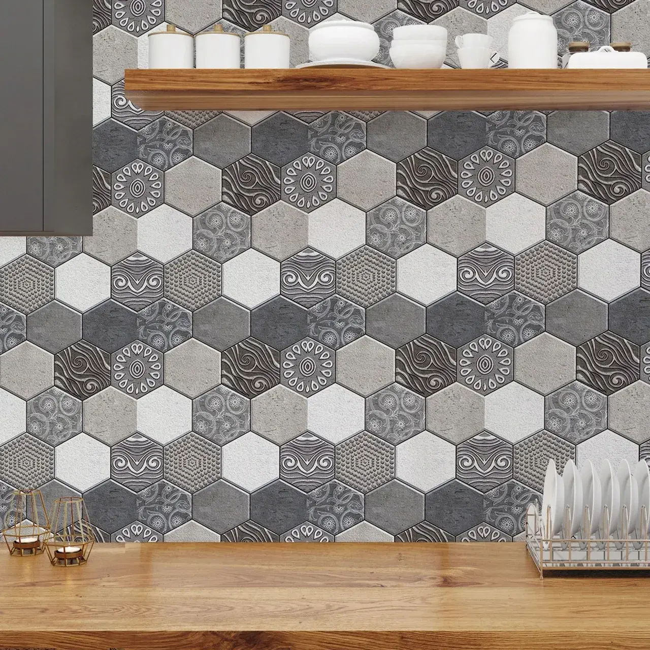10 x Placi Tapet Autocolant 3D cu Imitatie de Marmura Hexagonala, pentru Perete Bucatarie Sufragerie, Usor de Curatat, Rezistent la Apa, Autoadeziv (4)