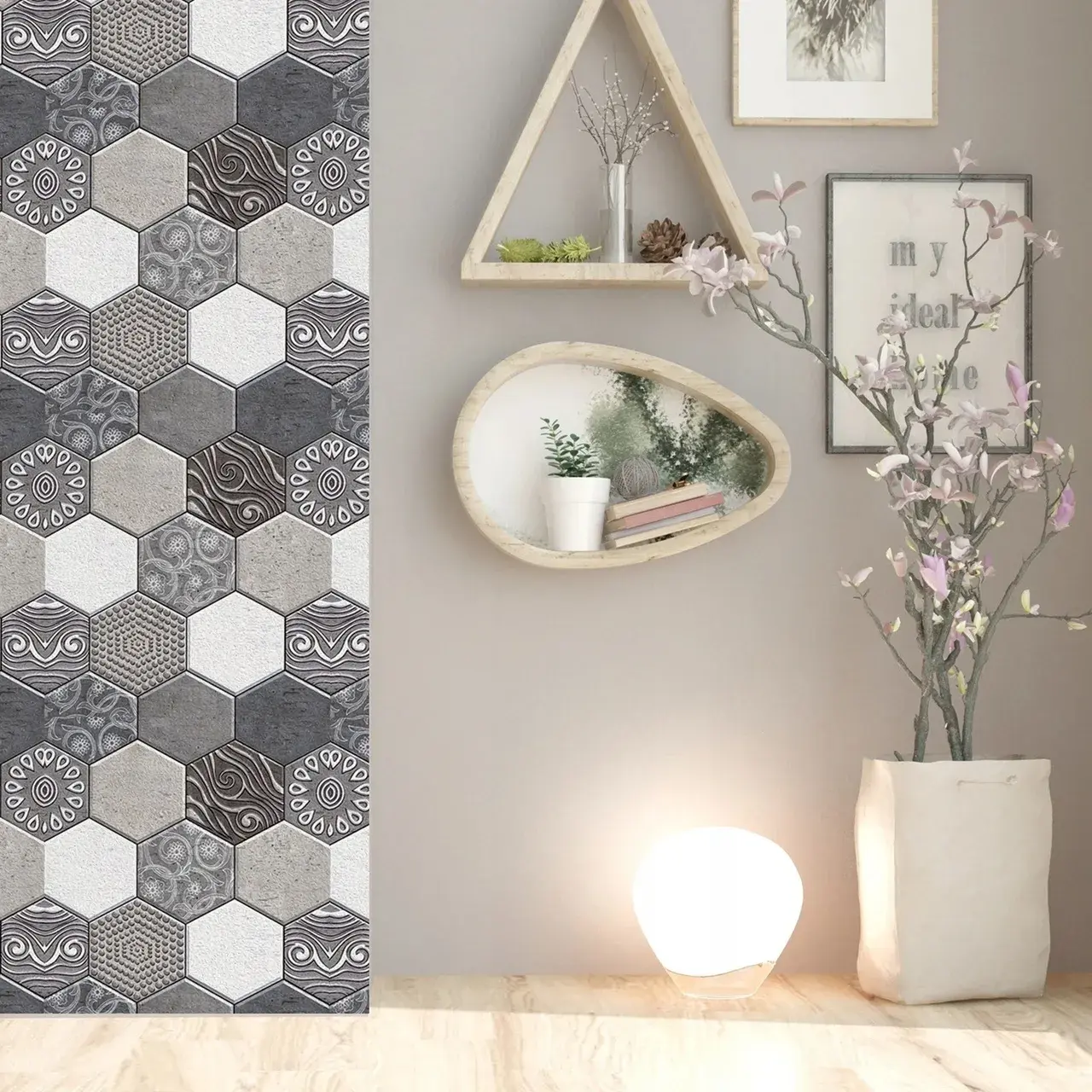 10 x Placi Tapet Autocolant 3D cu Imitatie de Marmura Hexagonala, pentru Perete Bucatarie Sufragerie, Usor de Curatat, Rezistent la Apa, Autoadeziv (7)