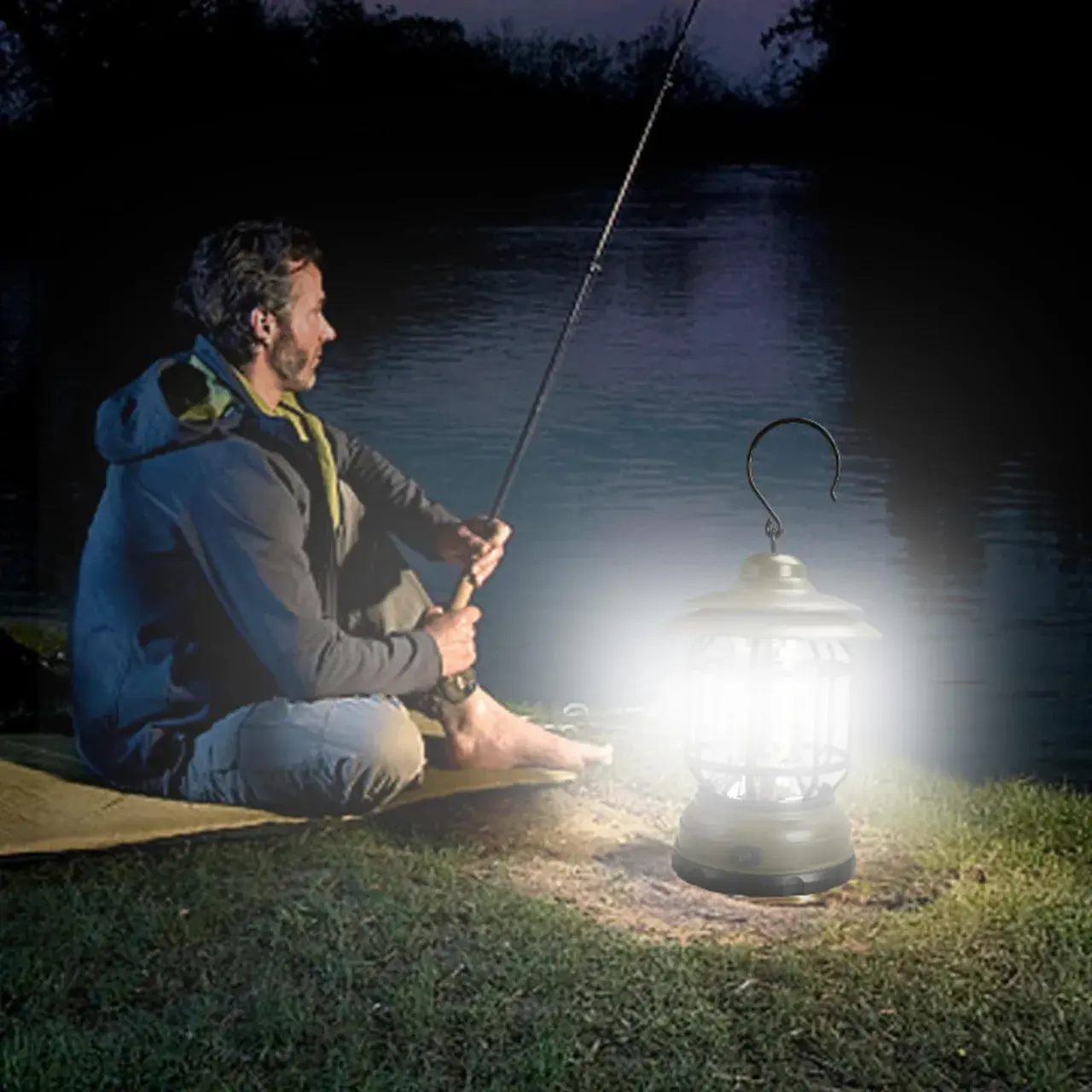Lampa portabila camping, Felinar Vintage cu carlig, ABS, Iluminare 21 COB LED, Intensitate reglabila, 5W, Verde (3)