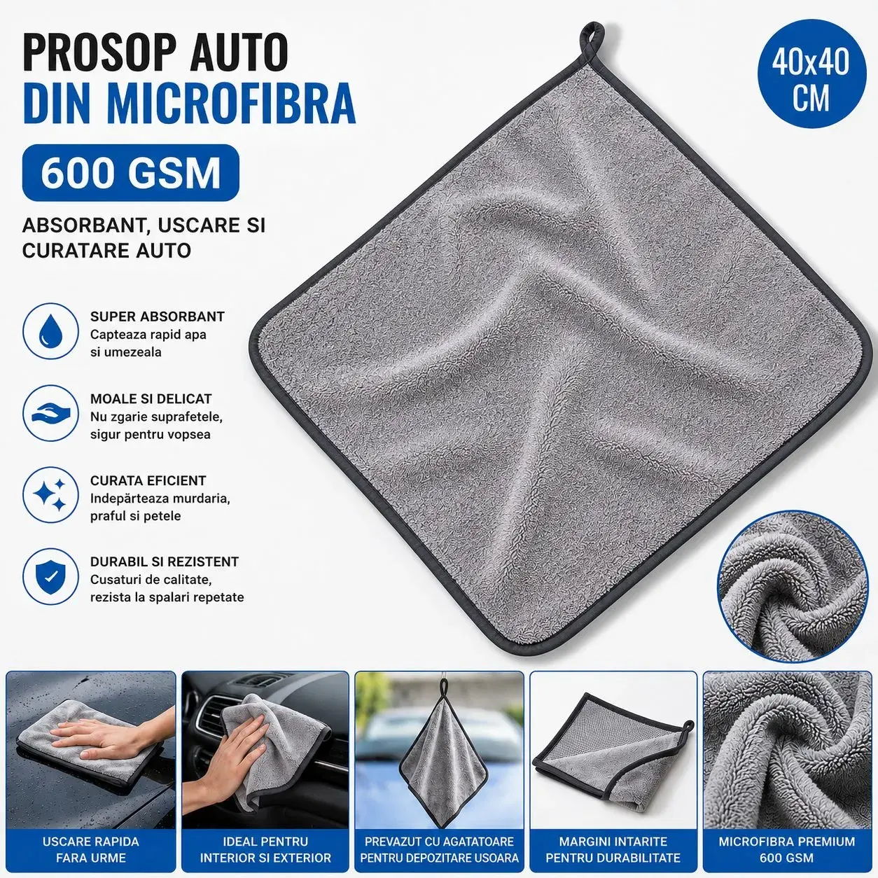 Prosop Auto din Microfibra, 600 GSM, Absorbant, Uscare si Curatare Auto, 40 x 40 cm, Gri Deschis (2)