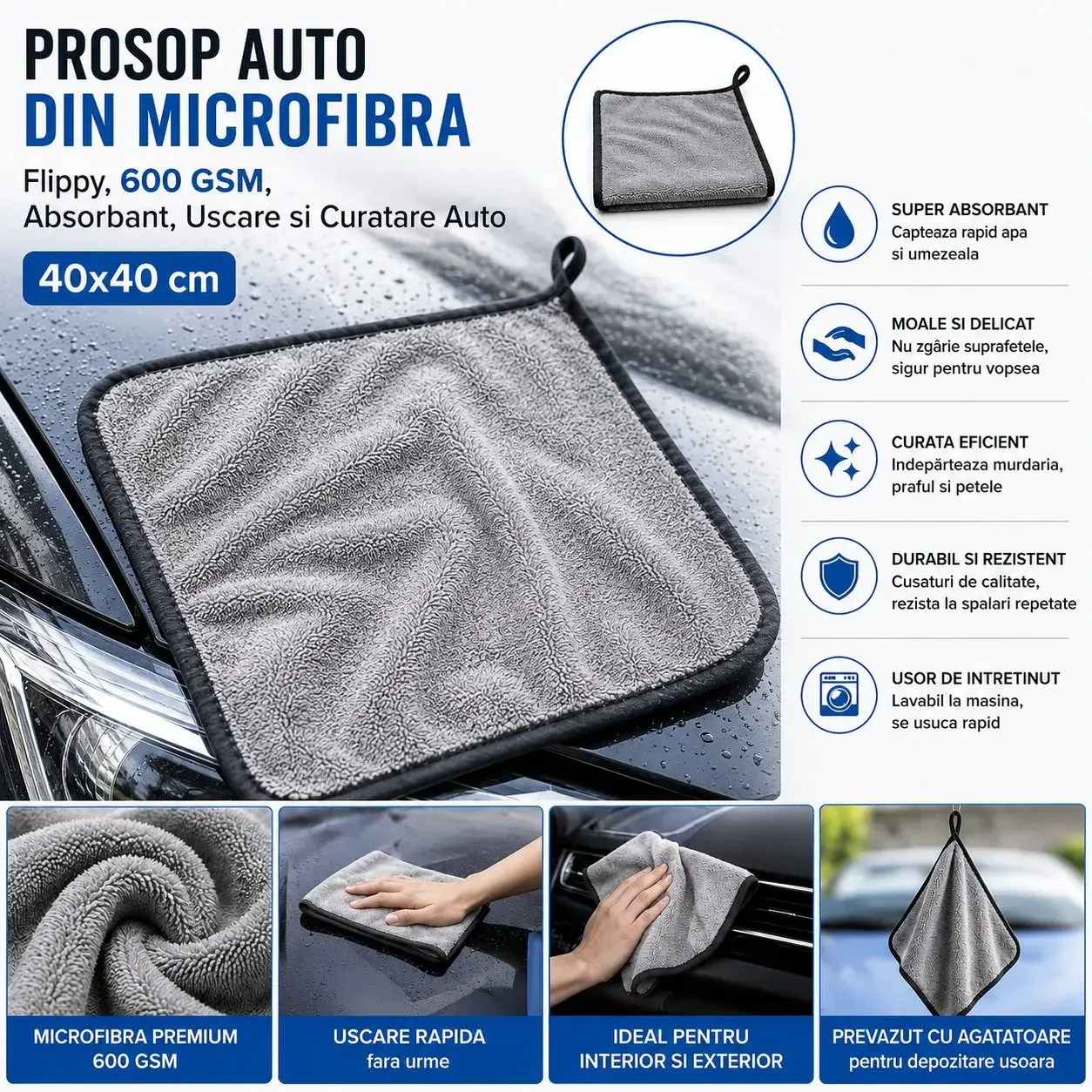 Prosop Auto din Microfibra, 600 GSM, Absorbant, Uscare si Curatare Auto, 40 x 40 cm, Gri Deschis (3)