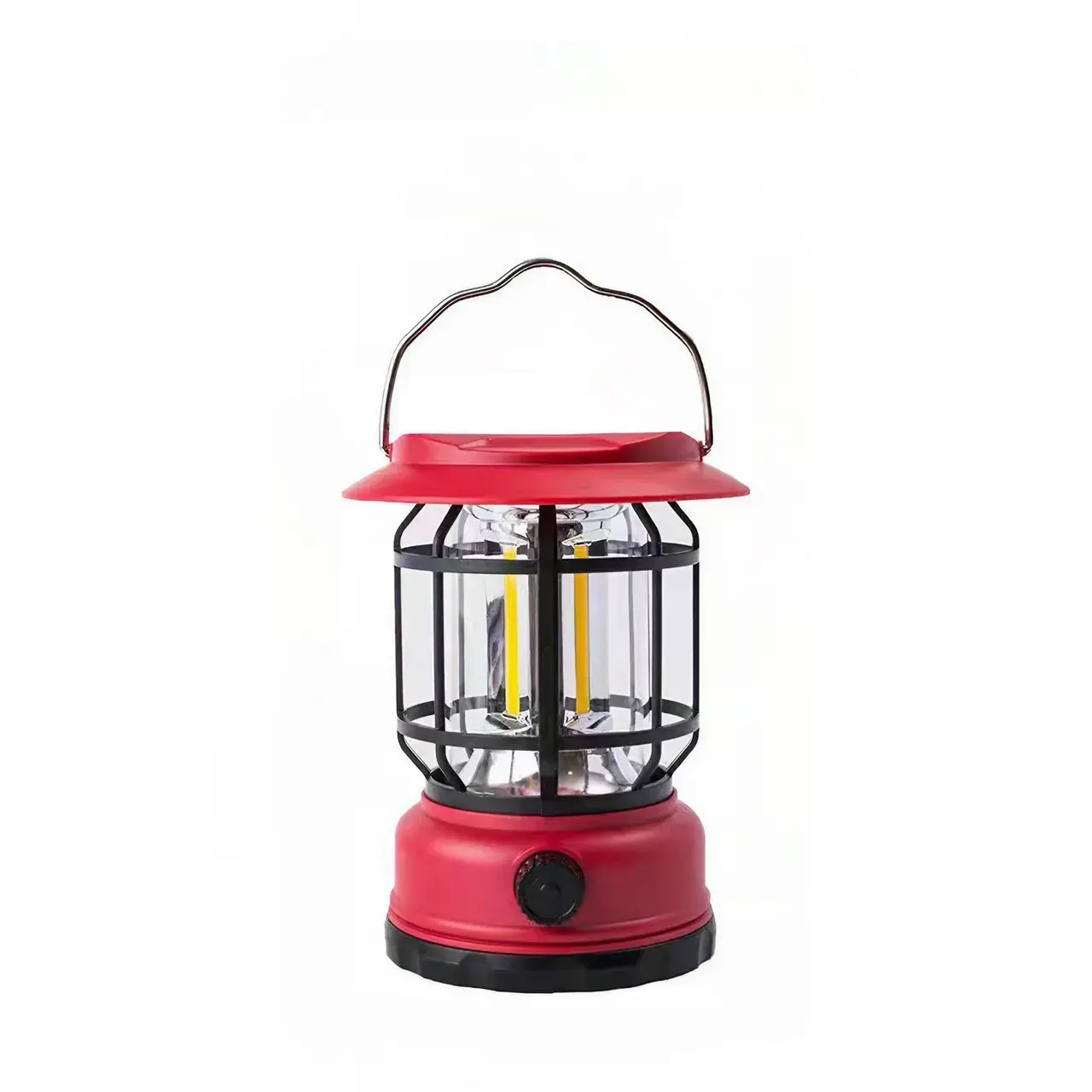 Lampa portabila camping, Felinar Vintage, ABS, Iluminare 30 COB LED, Intensitate reglabila, Acumulator inclus, Incarcare Solara si USB, 5W, Rosu