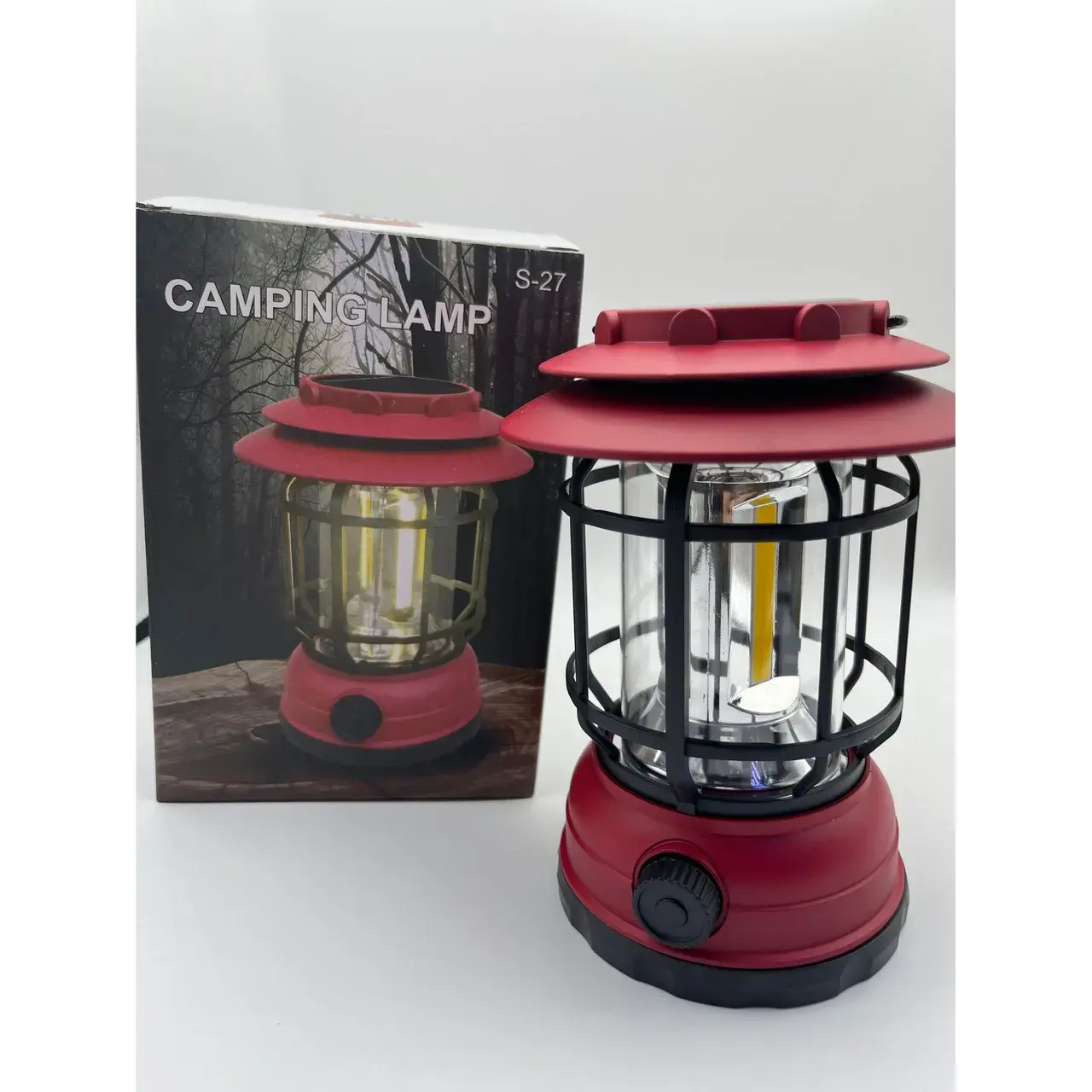 Lampa portabila camping, Felinar Vintage, ABS, Iluminare 30 COB LED, Intensitate reglabila, Acumulator inclus, Incarcare Solara si USB, 5W, Rosu (4)