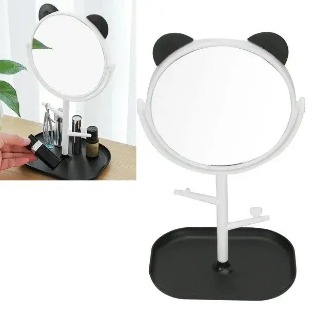 Oglina Cosmetica cu Picior, Rotire 360 Grade, 15 cm Diametru, Suport Bijuterii Baza + 2 Brate pentru Accesorii, Model cu Urechi Negre de Ursulet, 30 x 16.5 x 15 cm, Alb (3)