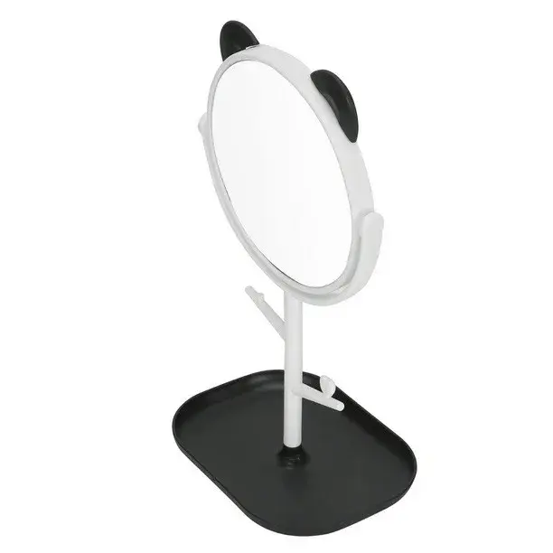 Oglina Cosmetica cu Picior, Rotire 360 Grade, 15 cm Diametru, Suport Bijuterii Baza + 2 Brate pentru Accesorii, Model cu Urechi Negre de Ursulet, 30 x 16.5 x 15 cm, Alb (4)