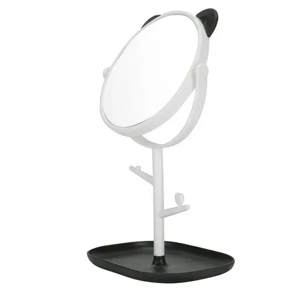 Oglina Cosmetica cu Picior, Rotire 360 Grade, 15 cm Diametru, Suport Bijuterii Baza + 2 Brate pentru Accesorii, Model cu Urechi Negre de Ursulet, 30 x 16.5 x 15 cm, Alb (5)