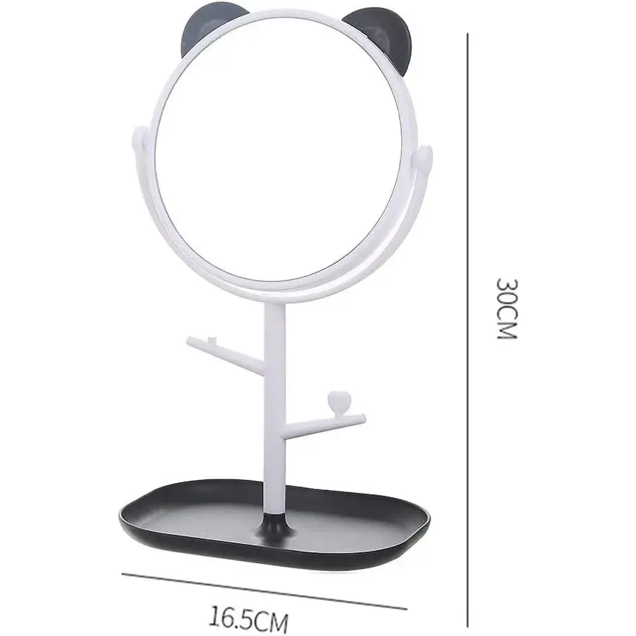 Oglina Cosmetica cu Picior, Rotire 360 Grade, 15 cm Diametru, Suport Bijuterii Baza + 2 Brate pentru Accesorii, Model cu Urechi Negre de Ursulet, 30 x 16.5 x 15 cm, Alb (6)