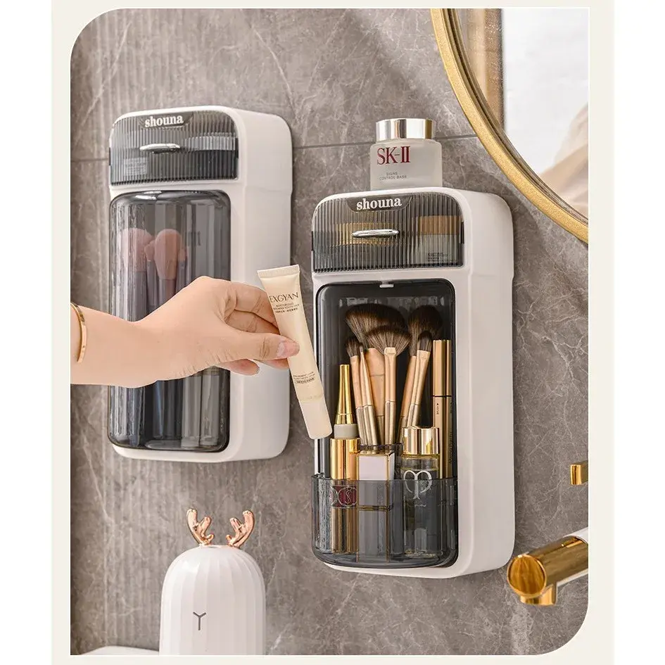 Organizator Baie, 4 Compartimente si 1 Sertar, Rotire 360 Grade, din PP+PET, 27.5 x 16 x 11 cm, Alb/Negru (4)