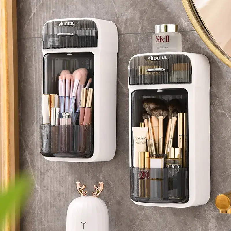 Organizator Baie, 4 Compartimente si 1 Sertar, Rotire 360 Grade, din PP+PET, 27.5 x 16 x 11 cm, Alb/Negru (5)