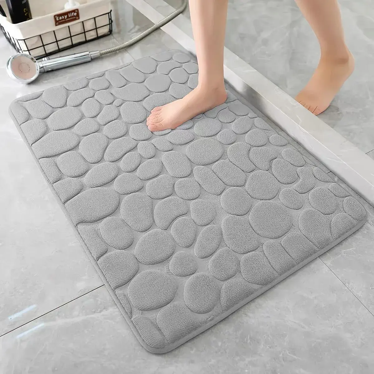 Covoras pentru Baie Antiderapant, Uscare Rapida, Model 3D Piatra, 40x60 cm, Gri (2)