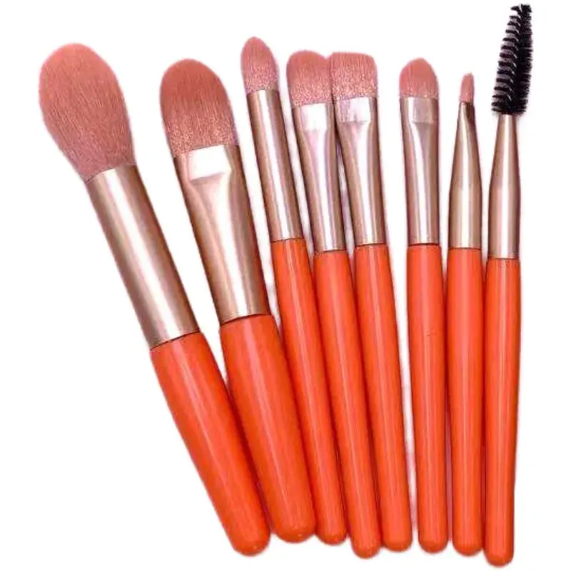 Mini Set Portabil 8 Pensule pentru Machiaj, Super Soft, Makeup Profesional/Incepatori, Maner Ergonomic, Gentuta Depozitare Inclusa, Portocaliu