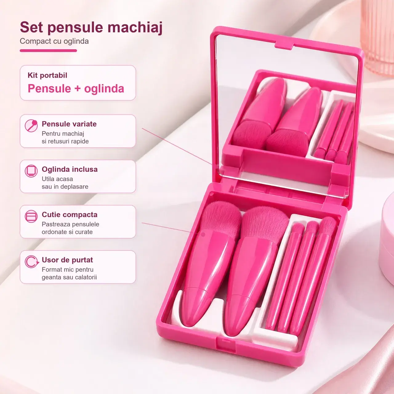 Set 5 Mini Pensule de Machiaj, Portabile, in Carcasa cu Oglinda, din Par Sintetic Moale, 12x7x2.5 cm (2)