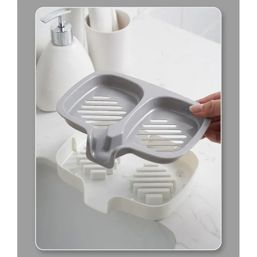 Savonieră Dublă, cu Sistem de Scurgere a Apei, din ABS, pentru 2 Săpunuri, Design Ventilat pentru Uscare Rapidă, 14.5 x 18 x 3 cm, Gri/Alb (3)