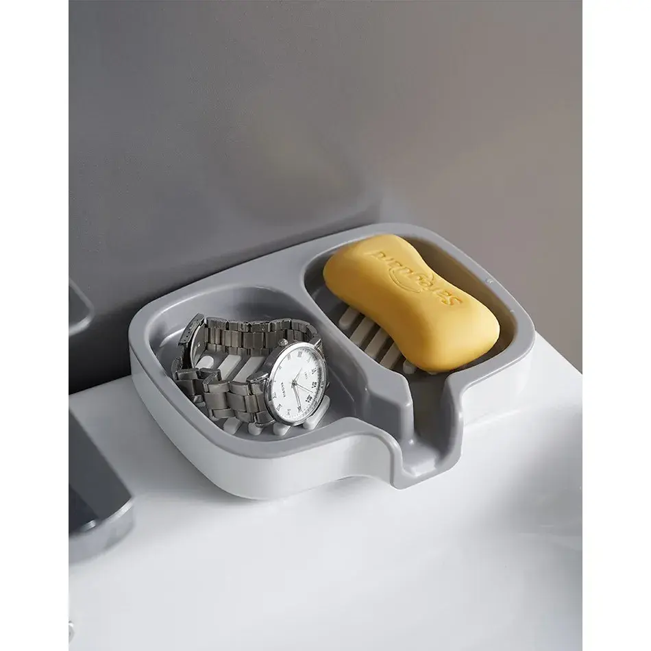 Savonieră Dublă, cu Sistem de Scurgere a Apei, din ABS, pentru 2 Săpunuri, Design Ventilat pentru Uscare Rapidă, 14.5 x 18 x 3 cm, Gri/Alb (4)