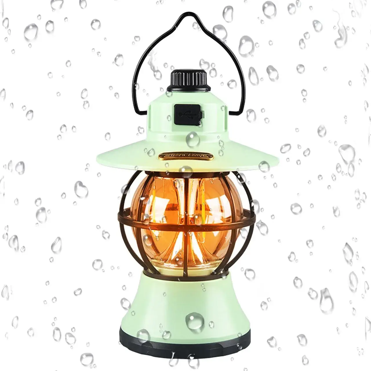 Lampă de camping retro portabilă, Felinar Vintage LED ABS, Acumulator inclus 1200 mAh, reincarcabila, 3 moduri de iluminare, intensitate reglabila,Lampa portabila pentru cort în aer liber, Mint (2)
