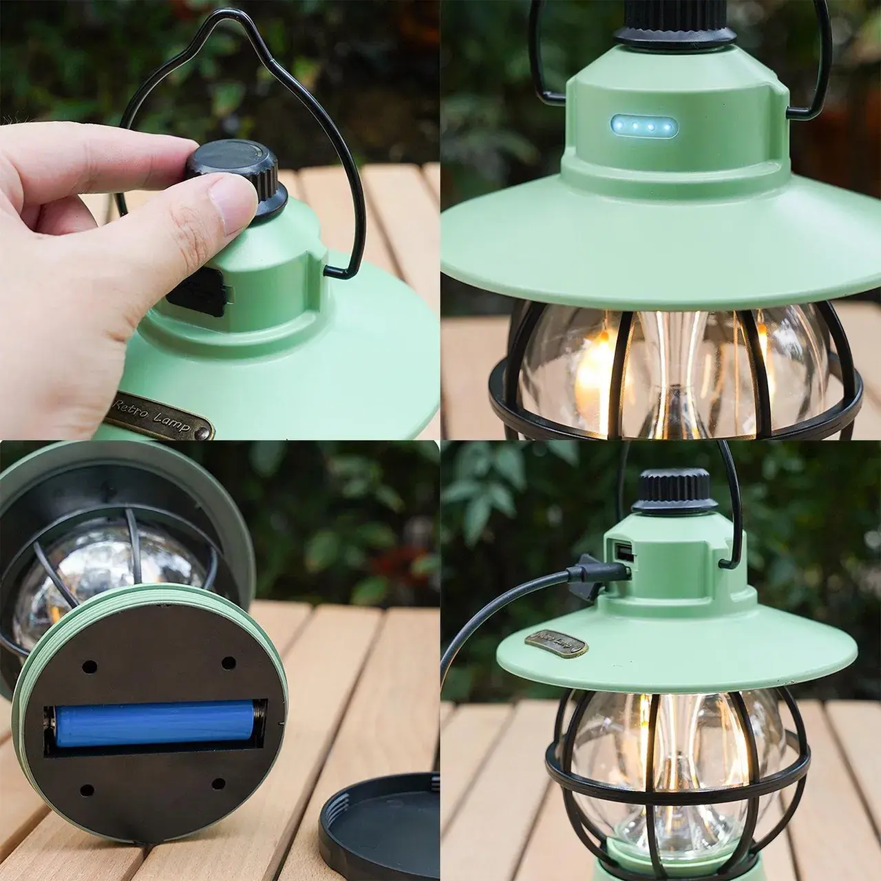 Lampă de camping retro portabilă, Felinar Vintage LED ABS, Acumulator inclus 1200 mAh, reincarcabila, 3 moduri de iluminare, intensitate reglabila,Lampa portabila pentru cort în aer liber, Mint (3)