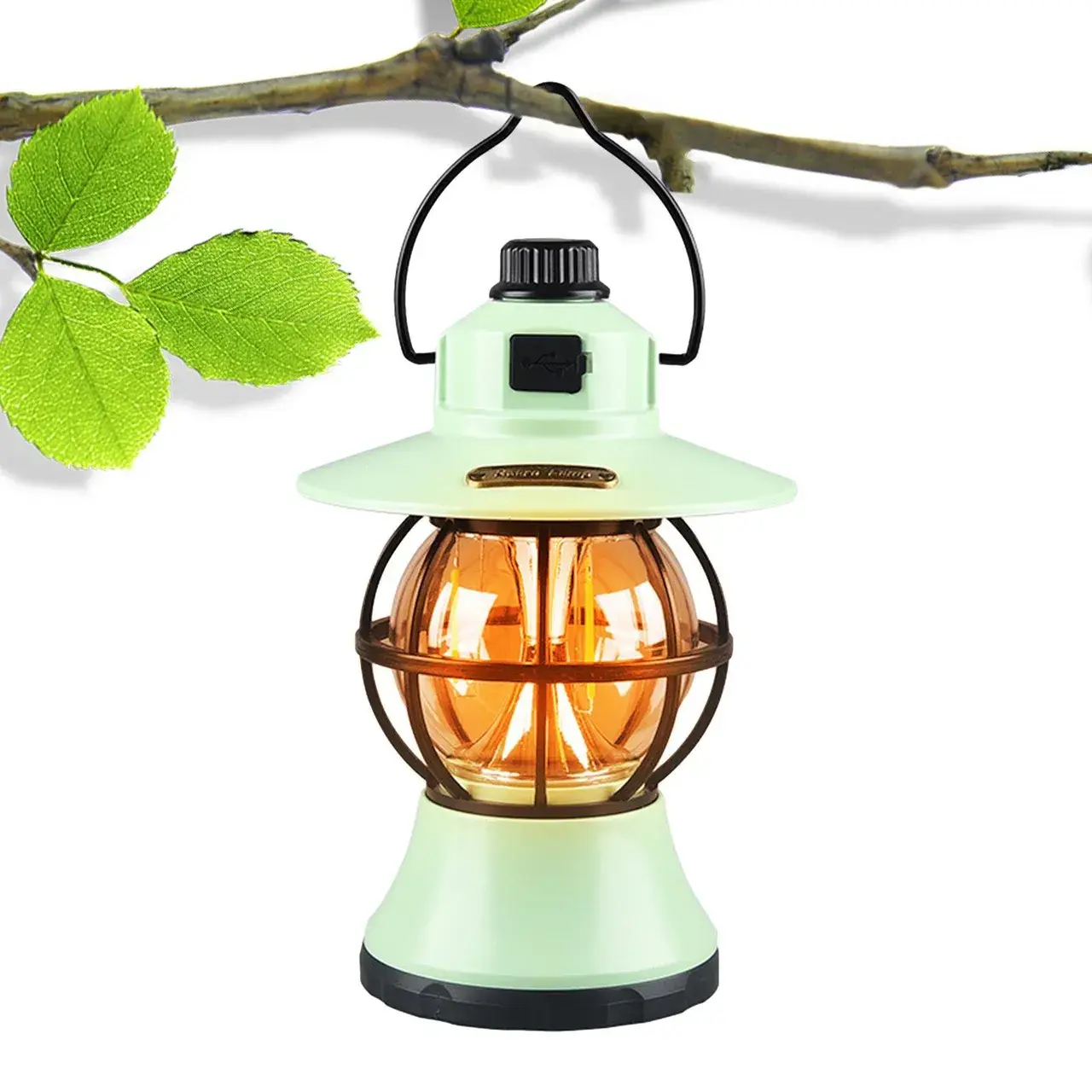 Lampă de camping retro portabilă, Felinar Vintage LED ABS, Acumulator inclus 1200 mAh, reincarcabila, 3 moduri de iluminare, intensitate reglabila,Lampa portabila pentru cort în aer liber, Mint (5)