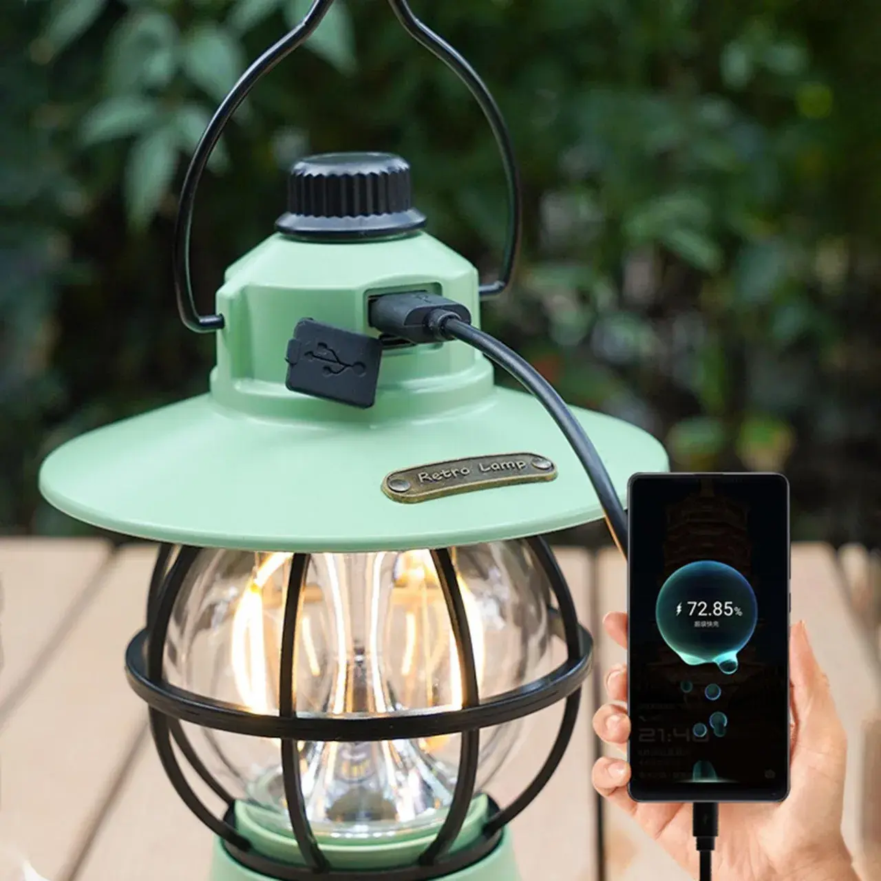 Lampă de camping retro portabilă, Felinar Vintage LED ABS, Acumulator inclus 1200 mAh, reincarcabila, 3 moduri de iluminare, intensitate reglabila,Lampa portabila pentru cort în aer liber, Mint (7)