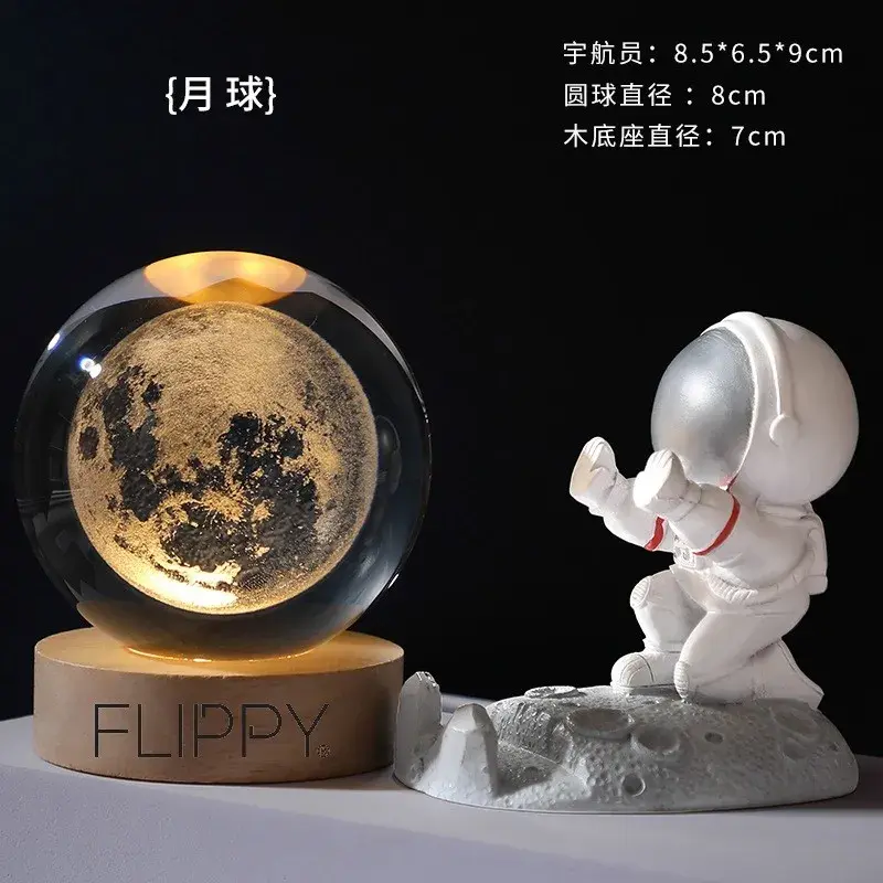 Lampa LED Decorativa, cu Bila de Cristal cu Diametru 6cm, Model Luna 3D, Alimentare USB, Suport din Lemn, Lumina Alb Cald (5)