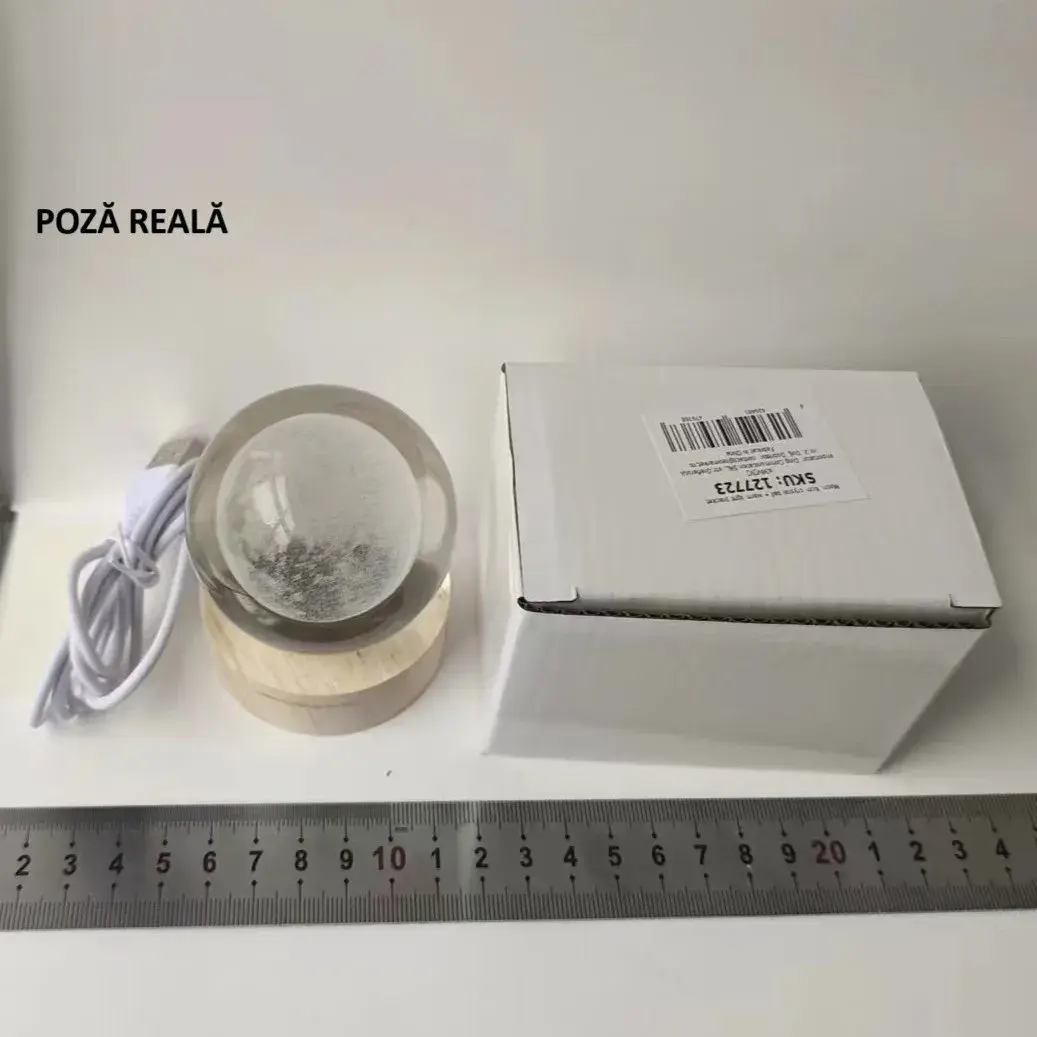 Lampa LED Decorativa, cu Bila de Cristal cu Diametru 6cm, Model Luna 3D, Alimentare USB, Suport din Lemn, Lumina Alb Cald (8)