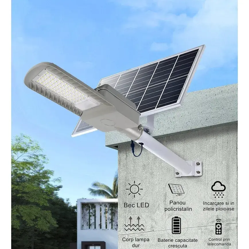 Lampa solara stradala, IP65, senzor de lumina, 60 LED-uri SMD, 2250 lm, panou 25W, putere 200W, autonomie 12-16 ore, telecomanda, montare prin fixare, pentru strada sau gradina, finisaj mat, material ABS, 51.5 x 21 x 7.5, gri (4)