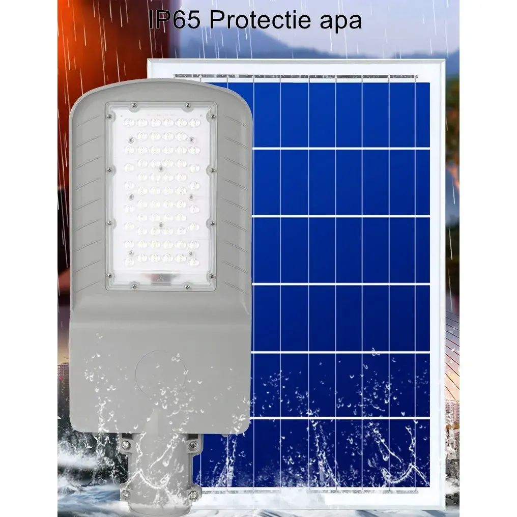 Lampa solara stradala, IP65, senzor de lumina, 60 LED-uri SMD, 2250 lm, panou 25W, putere 200W, autonomie 12-16 ore, telecomanda, montare prin fixare, pentru strada sau gradina, finisaj mat, material ABS, 51.5 x 21 x 7.5, gri (6)