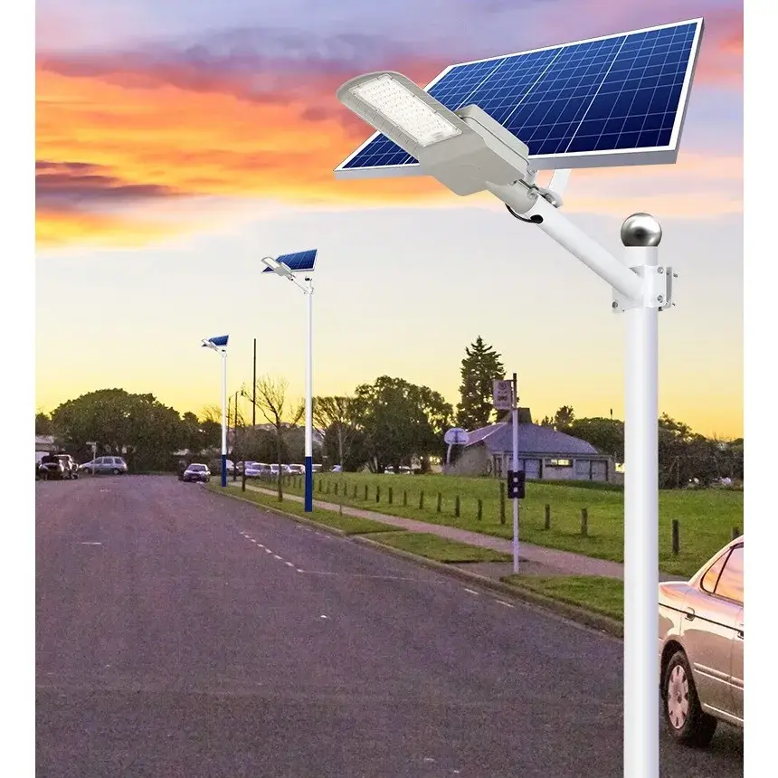 Lampa solara stradala, IP65, senzor de lumina, 60 LED-uri SMD, 2250 lm, panou 25W, putere 200W, autonomie 12-16 ore, telecomanda, montare prin fixare, pentru strada sau gradina, finisaj mat, material ABS, 51.5 x 21 x 7.5, gri (7)