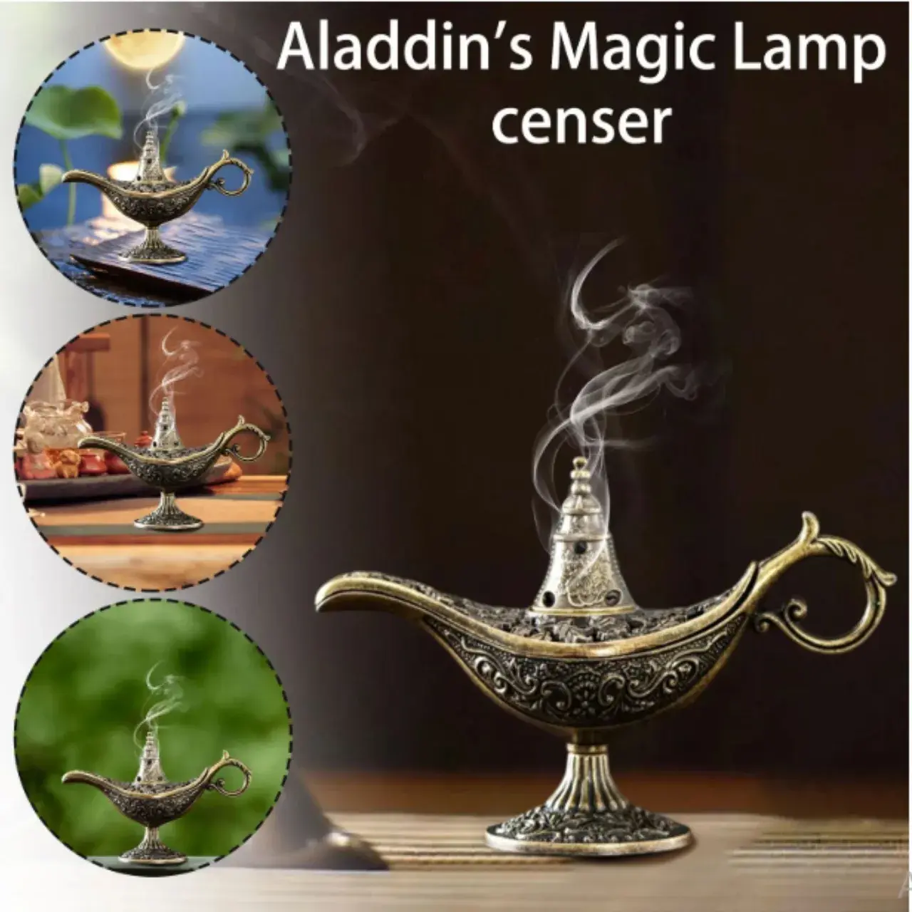 Arzator Tamaie, Flipppy, Model Lampa Aladin, Aliaj, Dimensiune Mica, cu Maner si Capac, Lampa Decorativa Vintage, 3.2 x 9 x 6 cm, Bronz (2)