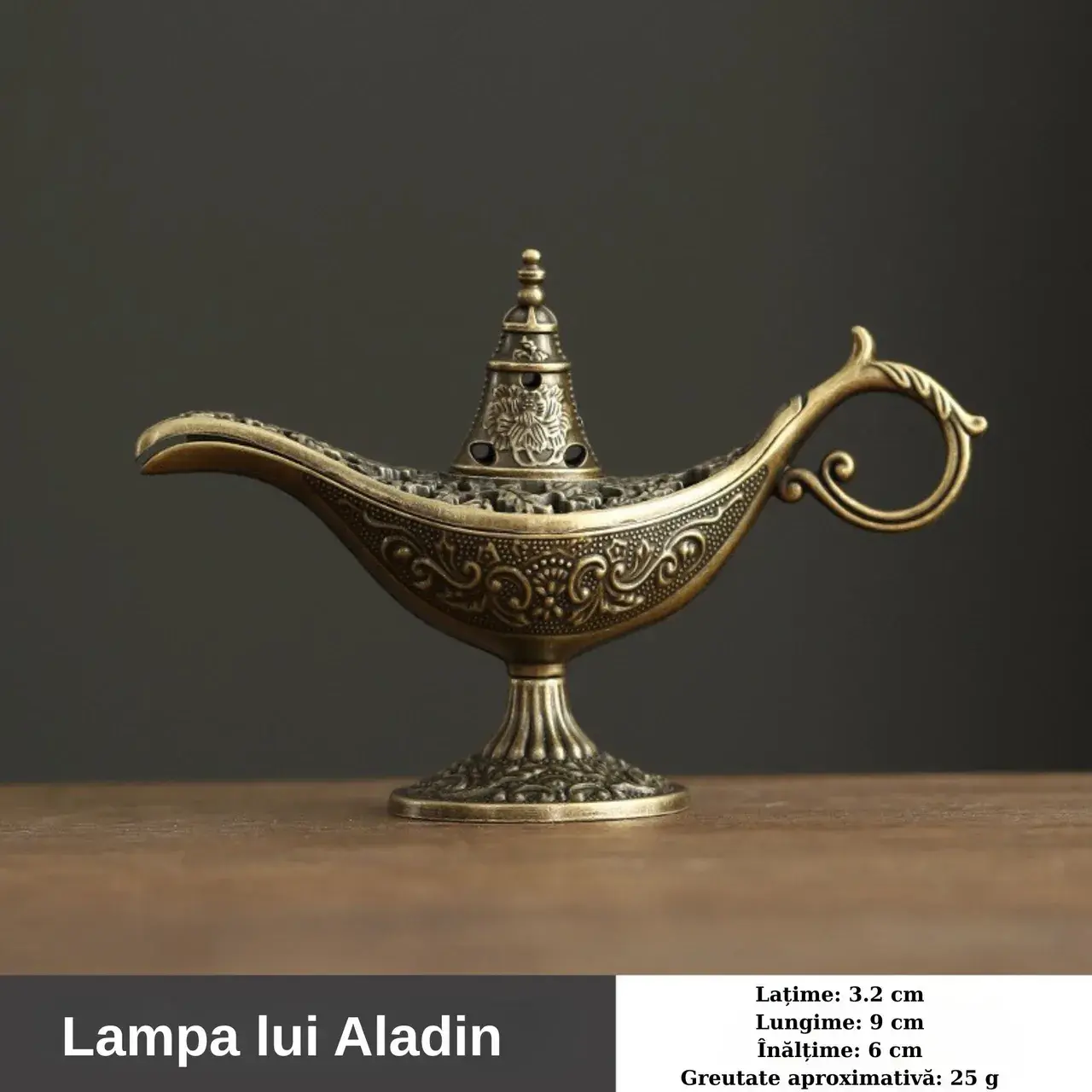 Arzator Tamaie, Flipppy, Model Lampa Aladin, Aliaj, Dimensiune Mica, cu Maner si Capac, Lampa Decorativa Vintage, 3.2 x 9 x 6 cm, Bronz (7)