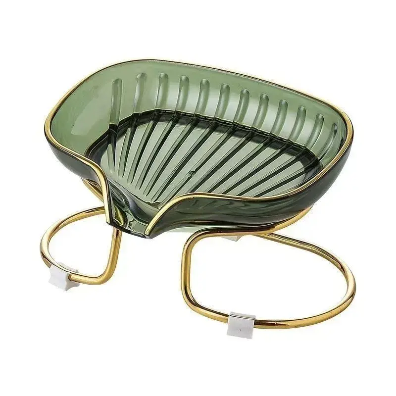 Savonieră cu Suport, Sistem de Scurgere a Apei, Design Elegant cu Margine Aurie, Suport Metalic Inclus, 14 x 8.5 x 9 cm, Verde (2)