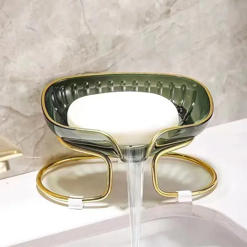 Savonieră cu Suport, Sistem de Scurgere a Apei, Design Elegant cu Margine Aurie, Suport Metalic Inclus, 14 x 8.5 x 9 cm, Verde (3)
