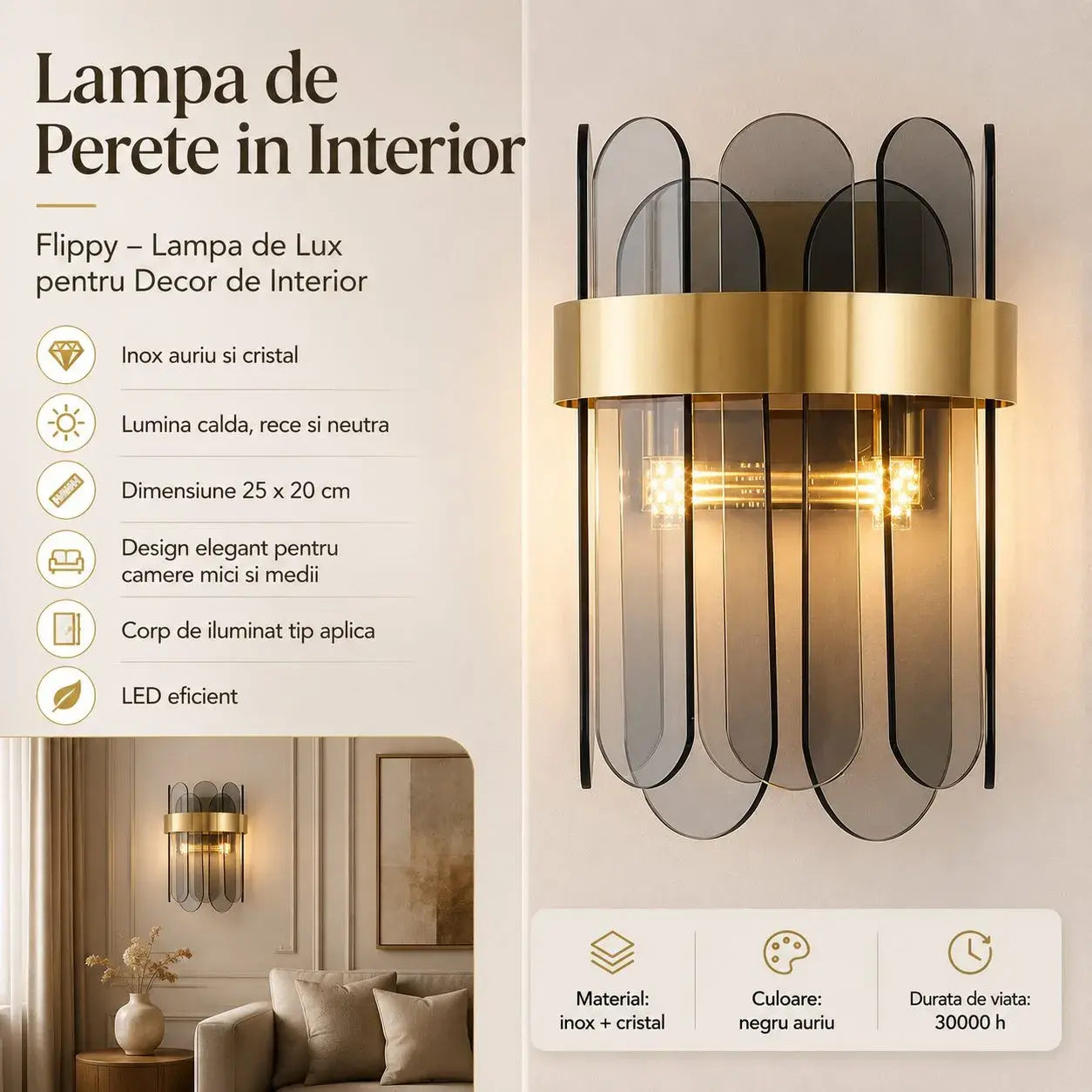 Lampa de Perete in Interior, Lampa de Lux pentru Decor de Interior, Corp de Iluminat Tip aplica, din Inox Auriu si Cristal, Lumina Calda Rece Neutra, 25 x 20 cm, Ideal pentru Camere Mici si Medii, Negru Auriu (2)