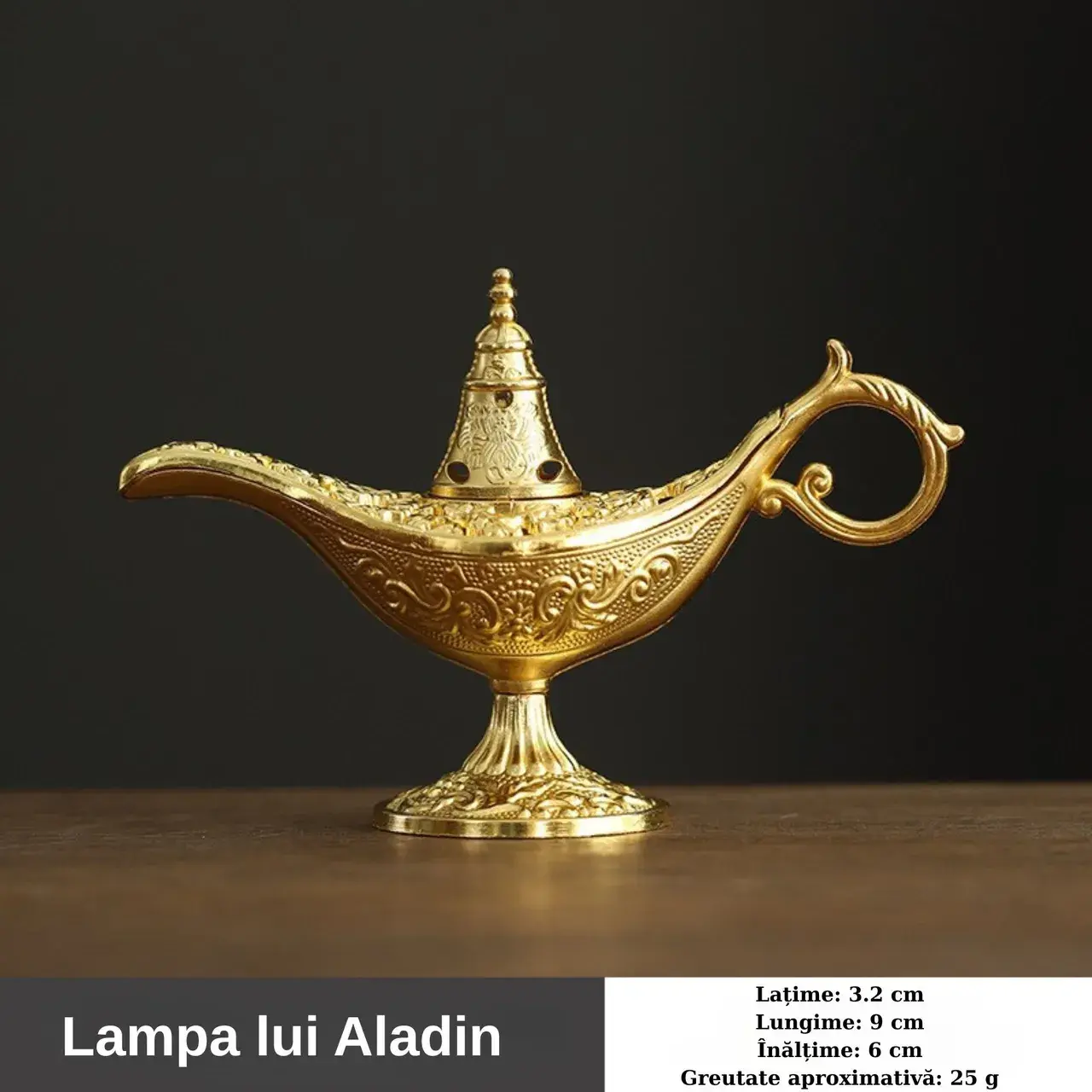 Arzator Tamaie, Flipppy, Model Lampa Aladin, Aliaj, Dimensiune Mica, cu Maner si Capac, Lampa Decorativa Vintage, 3.2 x 9 x 6 cm, Auriu (4)