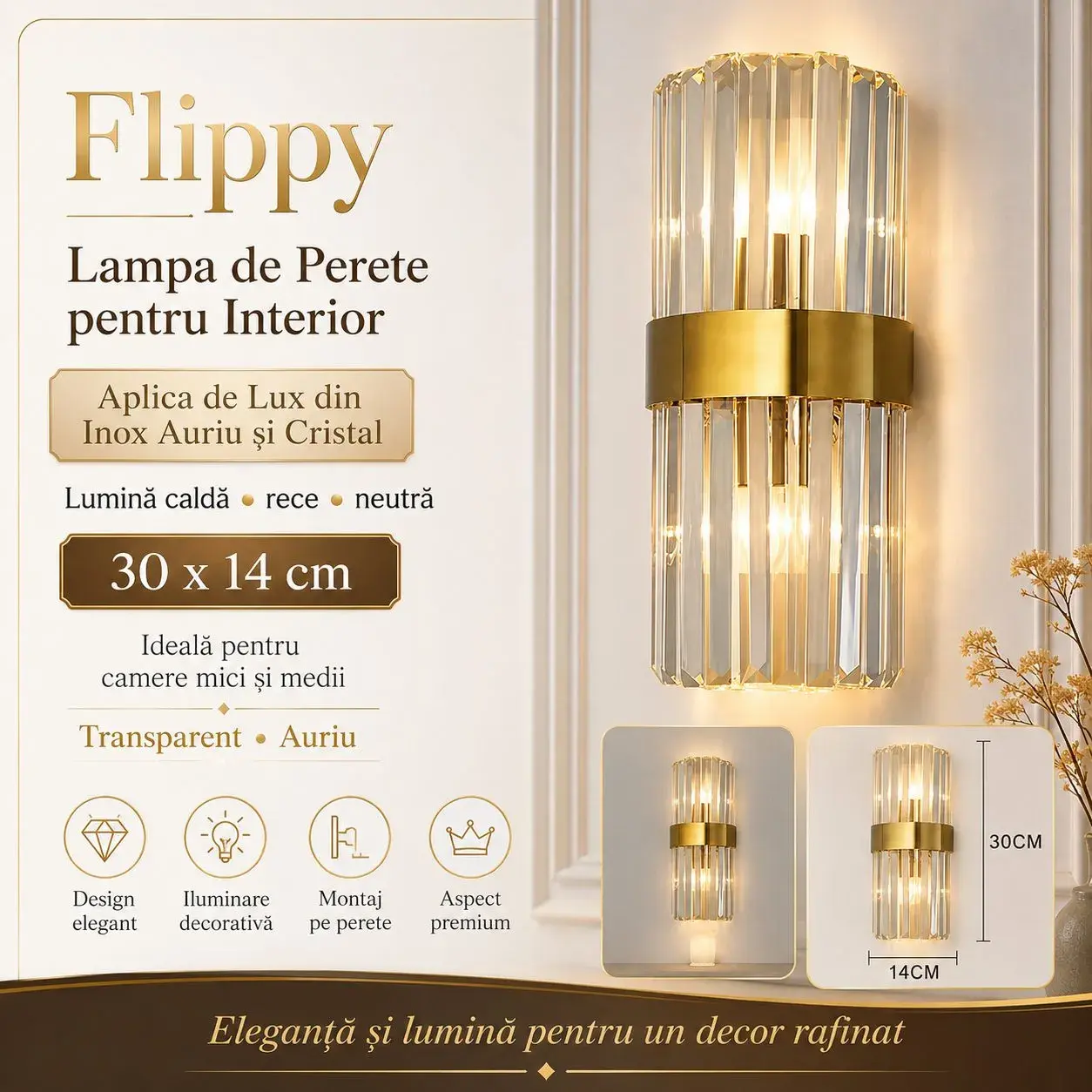 Lampa de Perete in Interior, Lampa de Lux pentru Decor de Interior, Corp de Iluminat Tip aplica, din Inox Auriu si Cristal, Lumina Calda Rece Neutra, 30 x 14 cm, Ideal pentru Camere Mici si Medii, Transparent Auriu (2)